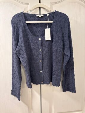 Vince Navy Textured Button-Up Cardigan